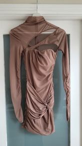 BERSHKA Mocha ruched bodycon dress Sz S (Fit 8 UK)
