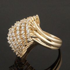 Solid 14K Yellow Gold Filigree & 1.20 CTW Six Row Diamond Waterfall Estate Ring