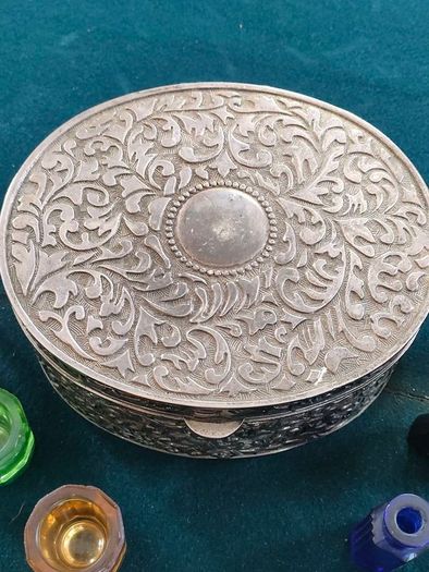 Vintage chased jewellery box and bottles