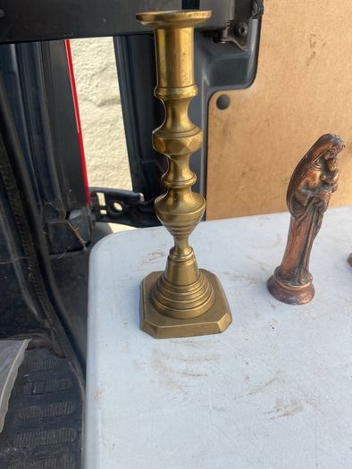 2 solid brass candle holders/ solid copper holy statue