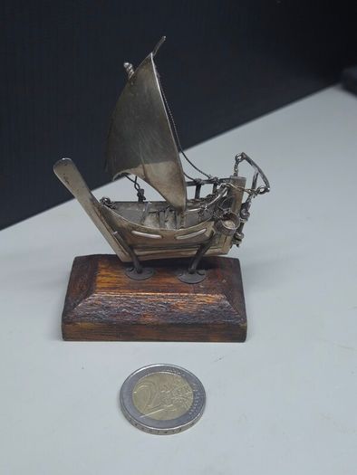 Vintage Silver Miniature Boat Model on Wooden Base