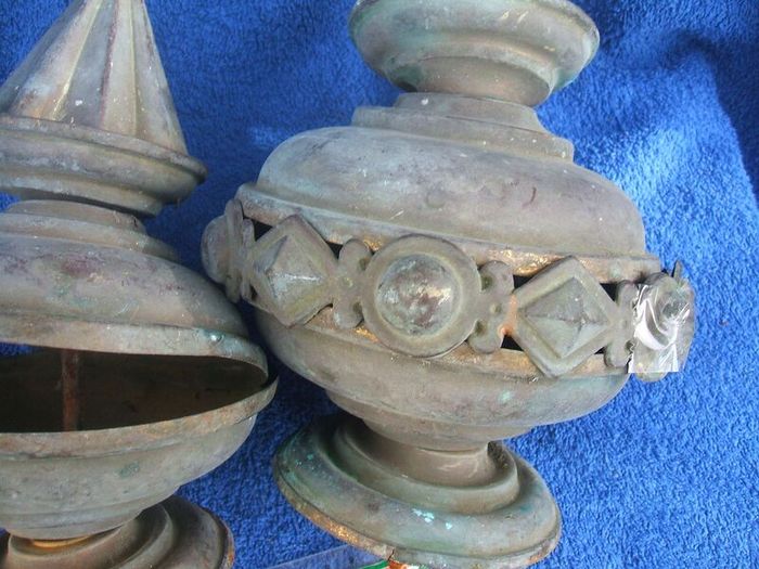 Two antique copper metal finials
