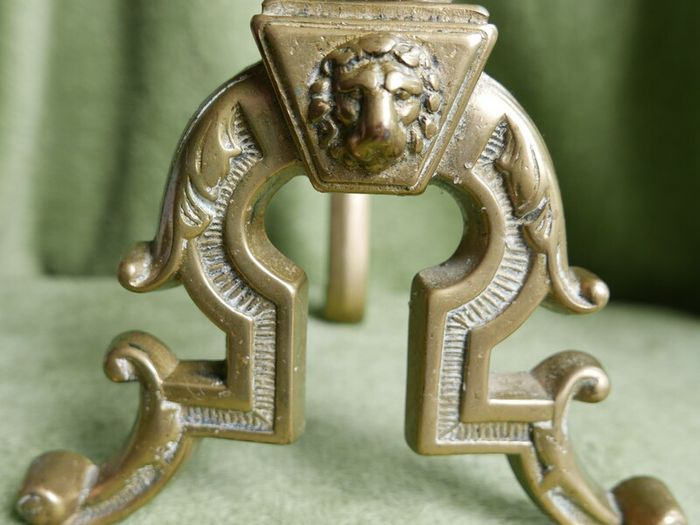 Antique Victorian Brass Fire Side Dogs - Lion Head Brass Fire Dogs