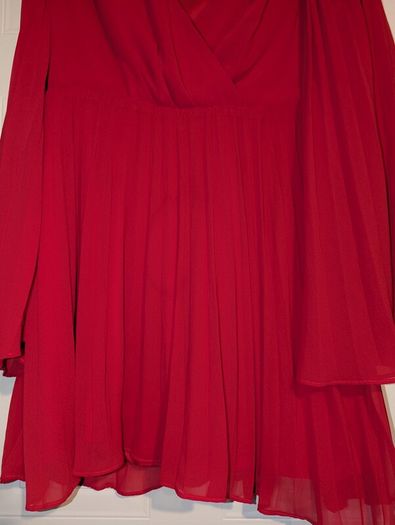 stunning red long and wide sleeve pleated midi dress from Boohoo