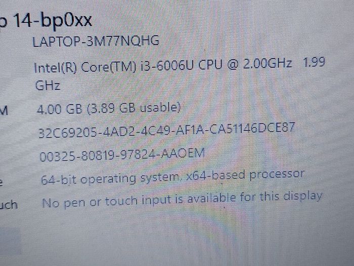 HP Laptop Model 14-dp061sa, Intel Core i3-6006U CPU. 2.0 GHz, 4 GB Ram, 500GGB HDD, windows 10, Microsoft Edge, Chrome, and VLC