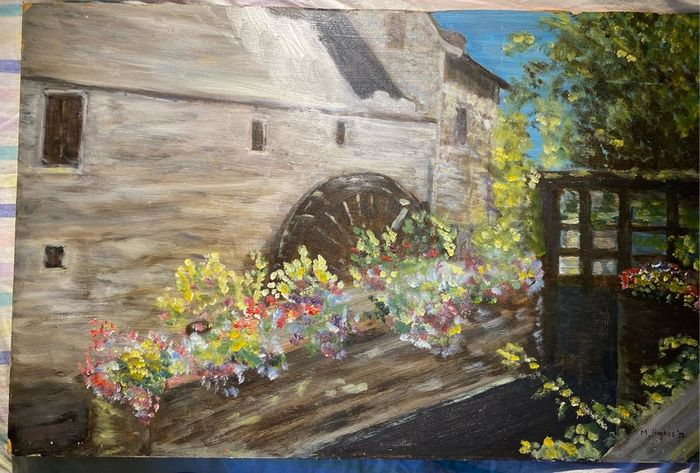 Oil on Board painting water wheel at Bayeux Normandy signed M Hughes 93 unframed