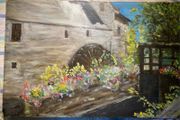 Oil on Board painting water wheel at Bayeux Normandy signed M Hughes 93 unframed