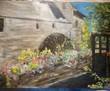 Oil on Board painting water wheel at Bayeux Normandy signed M Hughes 93 unframed