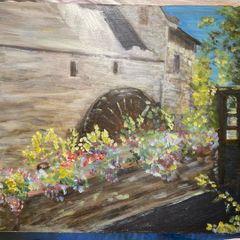 Oil on Board painting water wheel at Bayeux Normandy signed M Hughes 93 unframed