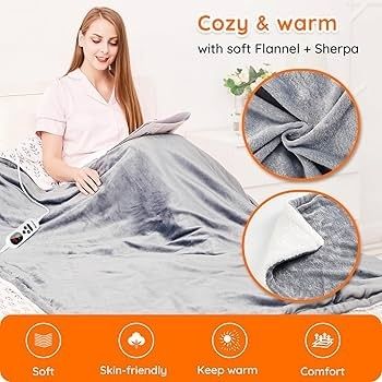 Electric Heated Blanket Throw 130/ 180 Flannel Sherpa, Fast Heating, 10 Heat Levels 9H Auto Off LED Controller Overheat Protection  Machine Washable  ETL Certified Grey