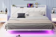 Floating King Metal Bed Frame with LED Lights USB Charging Station 150x200cmMetal Platform Bed Frame with 5ft Upholstered Headboard Storage Heavy Duty Metal Slats, Noise Free White