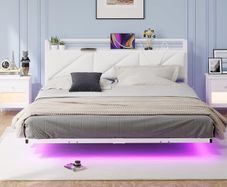 Floating King Metal Bed Frame with LED Lights USB Charging Station 150x200cmMetal Platform Bed Frame with 5ft Upholstered Headboard Storage Heavy Duty Metal Slats, Noise Free White