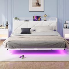 Floating King Metal Bed Frame with LED Lights USB Charging Station 150x200cmMetal Platform Bed Frame with 5ft Upholstered Headboard Storage Heavy Duty Metal Slats, Noise Free White