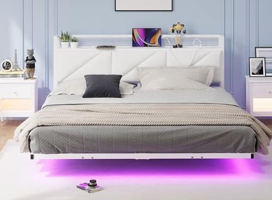 Floating King Metal Bed Frame with LED Lights USB Charging Station 150x200cmMetal Platform Bed Frame with 5ft Upholstered Headboard Storage Heavy Duty Metal Slats, Noise Free White