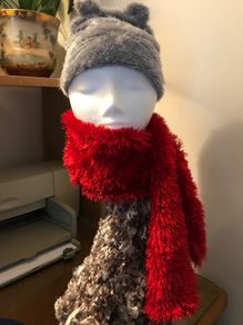 Hat plus red scarf and Beige and cream scarf