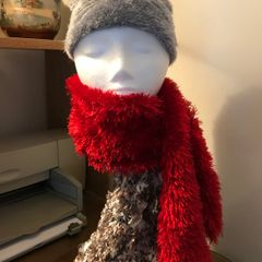 Hat plus red scarf and Beige and cream scarf