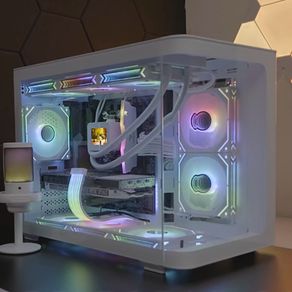 MATX Gaming Case Panoramic View Dual Tempered Curve Glass Computer Case, USB 3.0 Port, Supports Dual 360mm AIO, White