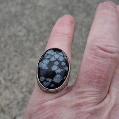 Midcentury Snowflake Obsidian Sterling Silver Ring
