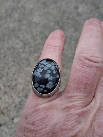 Midcentury Snowflake Obsidian Sterling Silver Ring