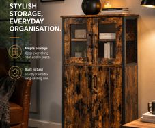 Industrial Storage Cabinet with Glass Doors Rustic Display Cabinet, Freestanding Cupboard for Living Room, Kitchen, Dining Room & Home Office