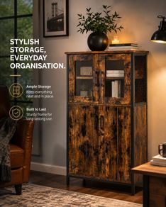 Industrial Storage Cabinet with Glass Doors Rustic Display Cabinet, Freestanding Cupboard for Living Room, Kitchen, Dining Room & Home Office