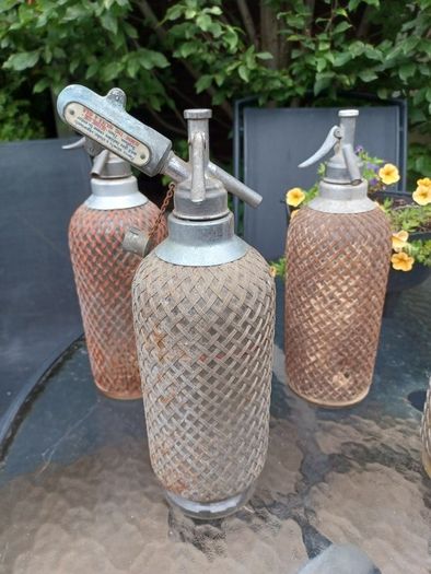 Antique, Soda Syphon, Glass Bottle, Steel mesh, Pub Memorabilia
