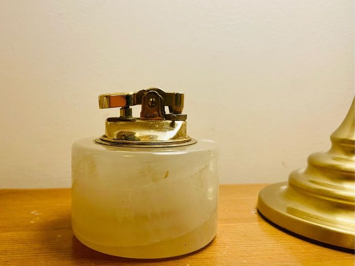 Vintage Azizoff of London Onyx Marble and Brass Table Lighter 60s or 70s