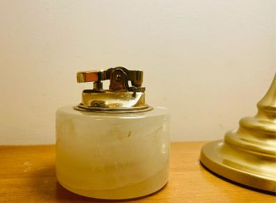 Vintage Azizoff of London Onyx Marble and Brass Table Lighter 60s or 70s