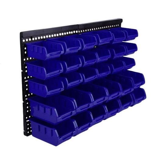 30pc Plastic Wall Mounted Storage Bin Kit Garage Workshop Shed Bins Rack Blue