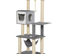 5-Levels Plush Cat Tree Tower Activity Center with Sisal Scratching Posts Hammock Perch Condo Soft Cushions, Grey