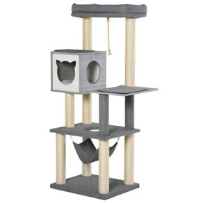 5-Levels Plush Cat Tree Tower Activity Center with Sisal Scratching Posts Hammock Perch Condo Soft Cushions, Grey