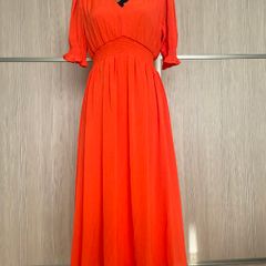 DKNY Orange V Neck Midi Dress