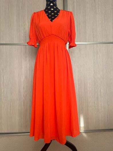 DKNY Orange V Neck Midi Dress