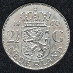 1960  Netherlands  2 1/2 Gulden - Juliana Silver Coin