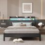 King Size Bed Frames with 5ft Upholstered Wooden Two-shelf Storage Headboard, Charging Station,LED Lights Image 6