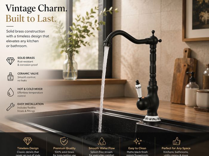 Black Brass Kitchen Bathroom  Mixer Tap Vintage-Style Tall Basin Faucet with Ceramic Handle Hot & Cold, Single Hole Mount