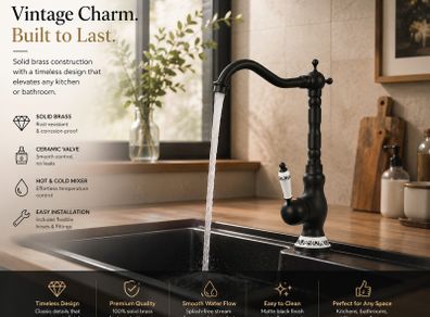 Black Brass Kitchen Bathroom  Mixer Tap Vintage-Style Tall Basin Faucet with Ceramic Handle Hot & Cold, Single Hole Mount