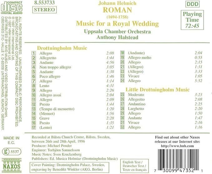 Roman: Music for a Royal Wedding - Drottningholm Music. CD. Free Postage!