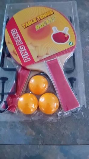 Table tennis bats x 2, balls and 2 grips for net