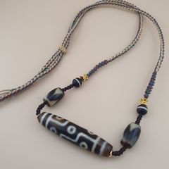Antique Style Vintage Himalayan 9 Eyes Agate Dzi Bead Pendant Necklace