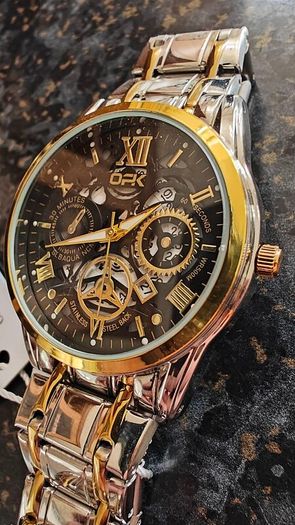 Luxury Two Tone Gold & Silver Watch Mens Skeleton Dial