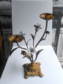 Antique 1930s French Botanical Gilt Metal & Porcelain Candelabra