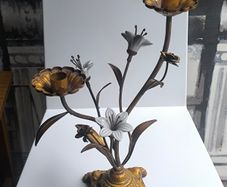 Antique 1930s French Botanical Gilt Metal & Porcelain Candelabra
