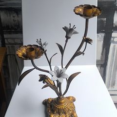 Antique 1930s French Botanical Gilt Metal & Porcelain Candelabra