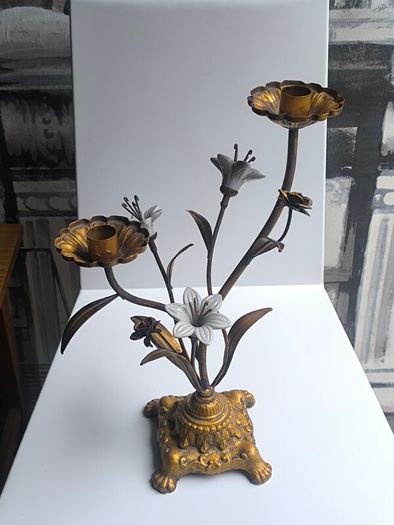 Antique 1930s French Botanical Gilt Metal & Porcelain Candelabra