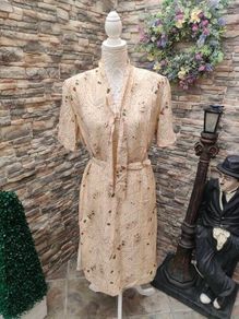 Vintage dress 1940s style beige with brown blue floral print size 12 14 Postage included