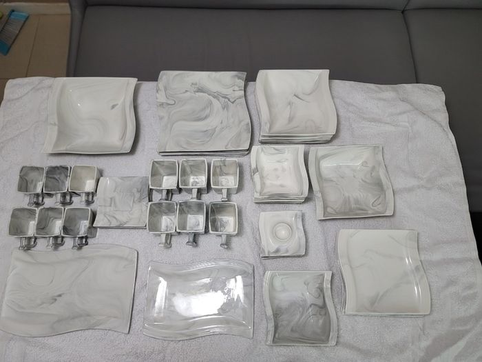Stylish Modern Porcelain China Square 55 Piece Dinner Set, Marble Grey, Dinnerware, Dinner Party Set. Plates, Cups Mugs Bowls Egg Cups