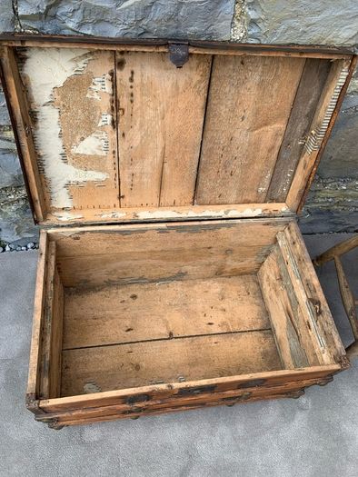 Late Victorian Antique Metal Bound Wooden Chest.