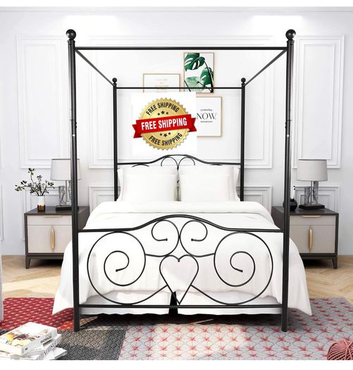 Double Canopy Bed Frame with Vintage Headboard & Footboard, Black 135x190cm Double Canopy Bed Frame, 4ft6 Heavy Duty Metal Bed, Heart Scroll Headboard & Footboard, Steel Slats for Bedrooms