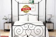 Double Canopy Bed Frame with Vintage Headboard &amp; Footboard, Black 135x190cm Double Canopy Bed Frame, 4ft6 Heavy Duty Metal Bed, Heart Scroll Headboard &amp; Footboard, Steel Slats for Bedrooms